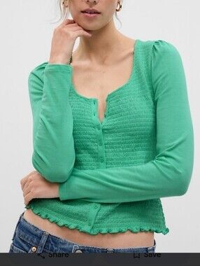 Gap Smocked Button Front Top Green Long Sleeve Size Medium Cottagecore Y2K